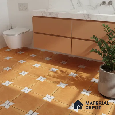 Modern bathroom with terracotta floral patterned floor tiles and matte peach vanity
