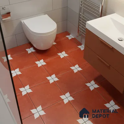 Modern bathroom with terracotta floral patterned floor tiles and matte brown vanity