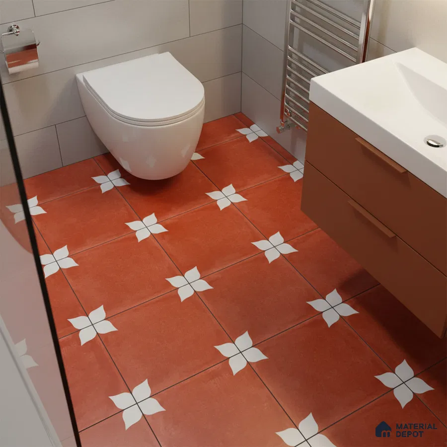 Modern bathroom with terracotta floral patterned floor tiles and matte brown vanity