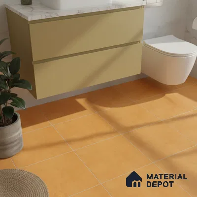 Modern bathroom with mustard yellow vanity, white marble countertop, and matte terracotta floor tiles