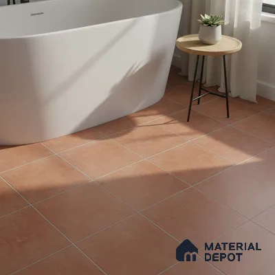 Minimalist bathroom with terracotta floor tiles and freestanding tub