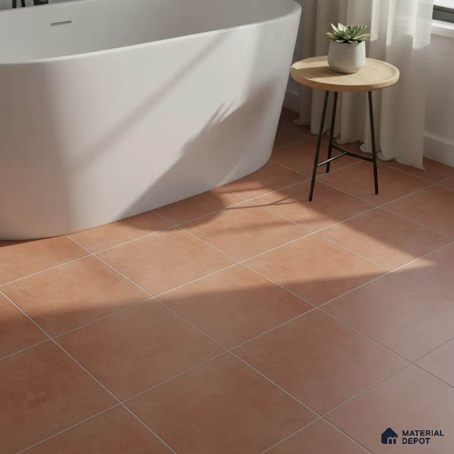 Minimalist bathroom with terracotta floor tiles and freestanding tub