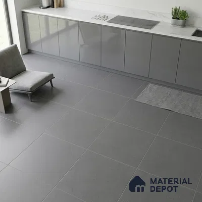 Minimalist kitchen with grey high gloss laminate cabinets and white marble countertop