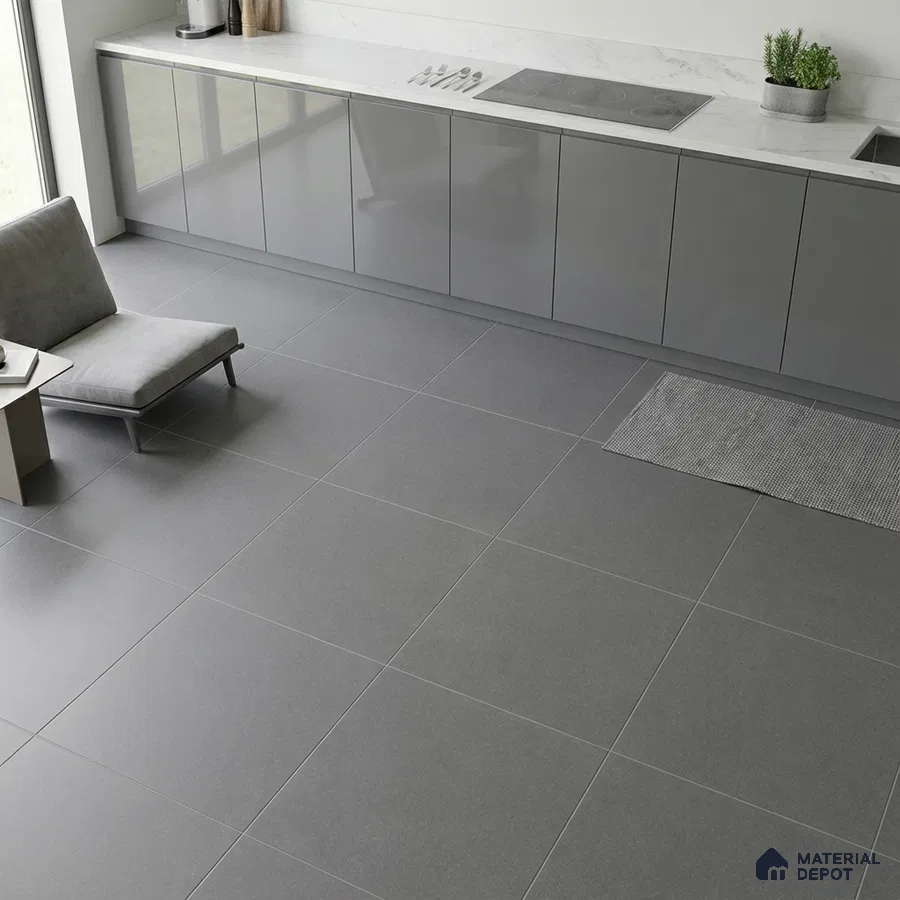 Minimalist kitchen with grey high gloss laminate cabinets and white marble countertop