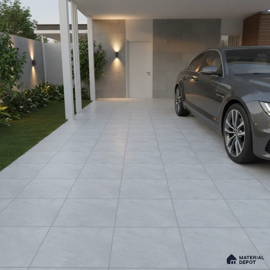 Modern parking with light grey matte floor tiles and stone cladding accent wall