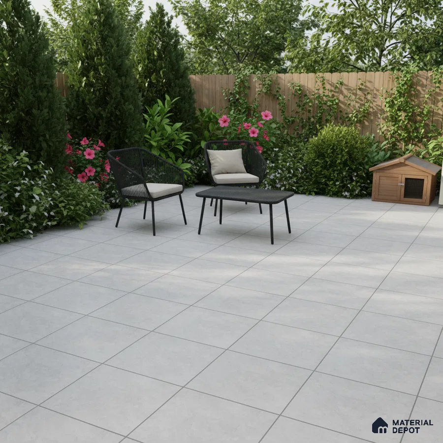 Modern outdoor patio with light grey matte floor tiles and black rope chairs