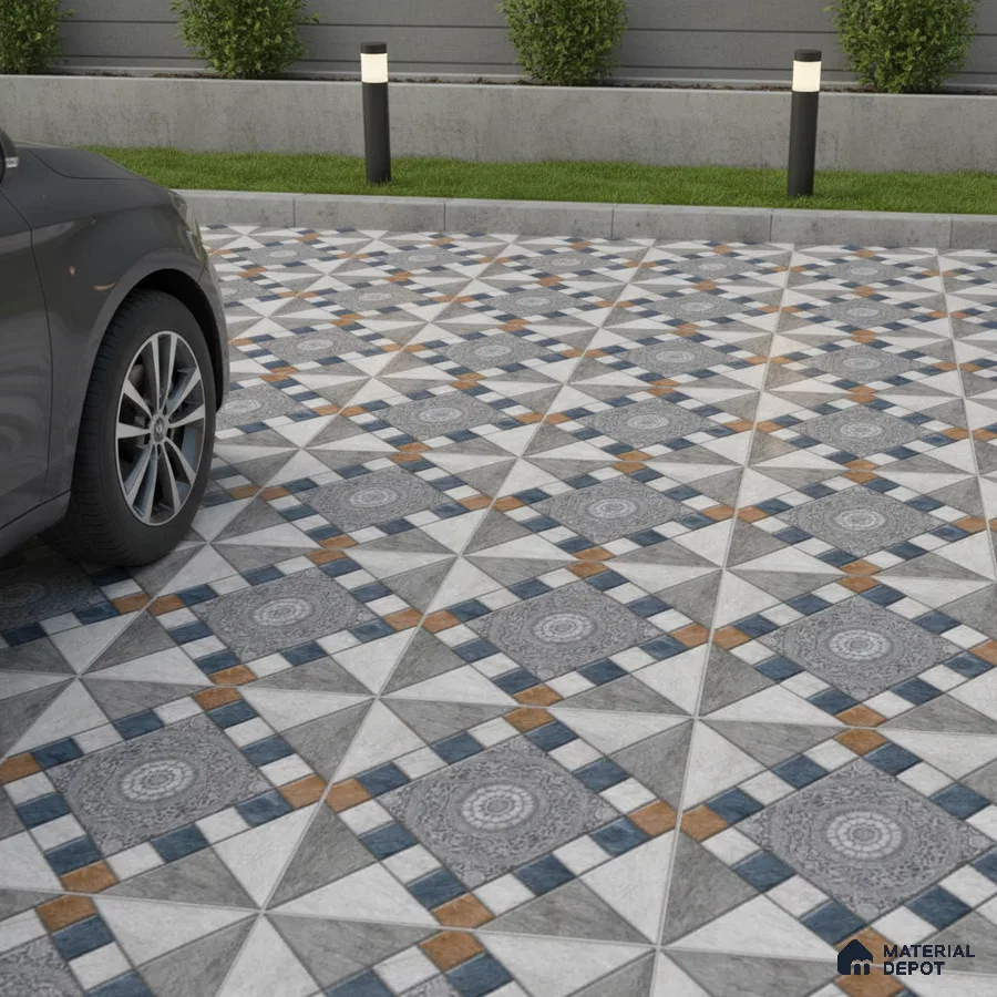 Modern parking with geometric patterned outdoor floor tiles in grey, blue, and terracotta