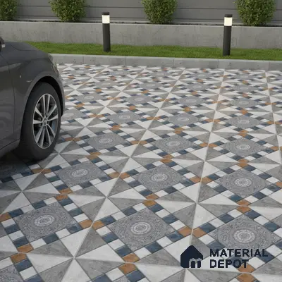 Modern parking with geometric patterned outdoor floor tiles in grey, blue, and terracotta
