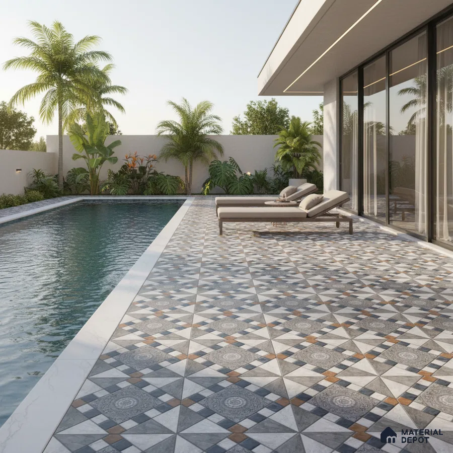 Modern outdoor poolside with geometric patterned floor tiles and tropical landscaping