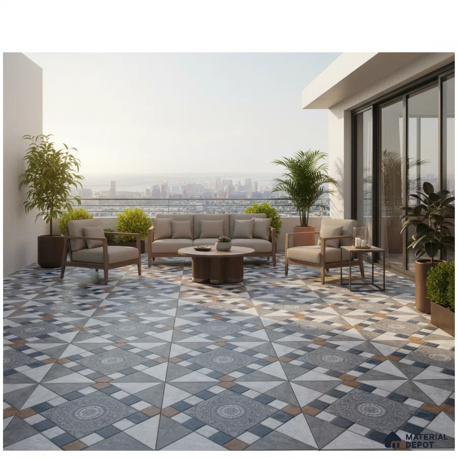 Modern outdoor balcony with geometric patterned floor tiles and neutral wood furniture