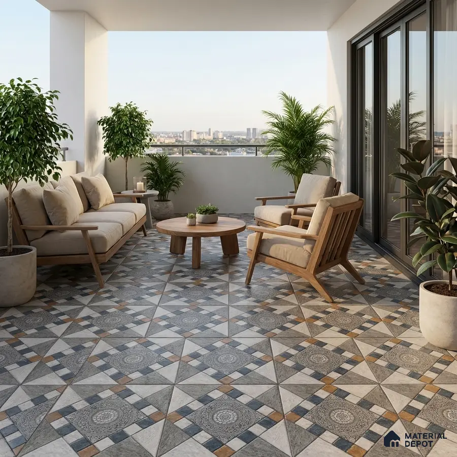 Scandinavian balcony with patterned geometric floor tiles and natural wood furniture