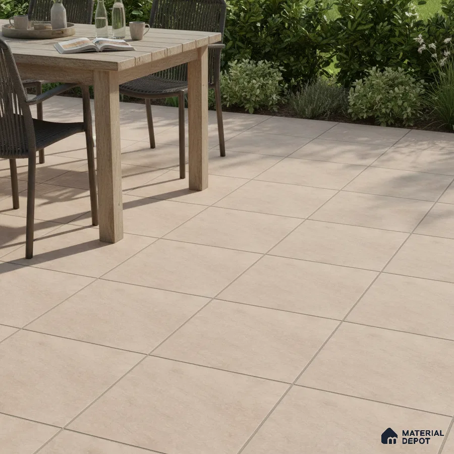 Minimalist outdoor patio with beige stone-look floor tiles and natural wood dining set