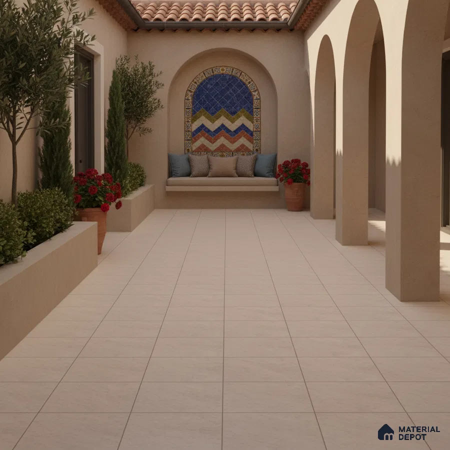 Mediterranean outdoor courtyard with terracotta roof, beige stone floor tiles, and mosaic accent wall