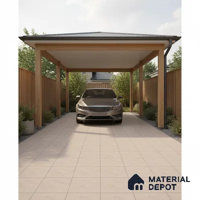Modern parking with beige outdoor floor tiles and wooden structure