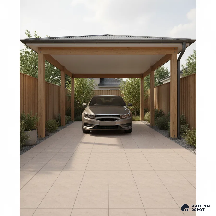 Modern parking with beige outdoor floor tiles and wooden structure