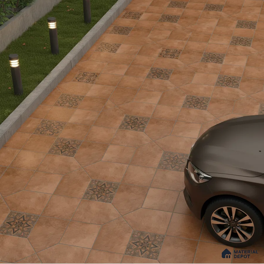 Modern parking area with terracotta patterned floor tiles