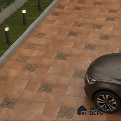 Modern parking area with terracotta patterned floor tiles