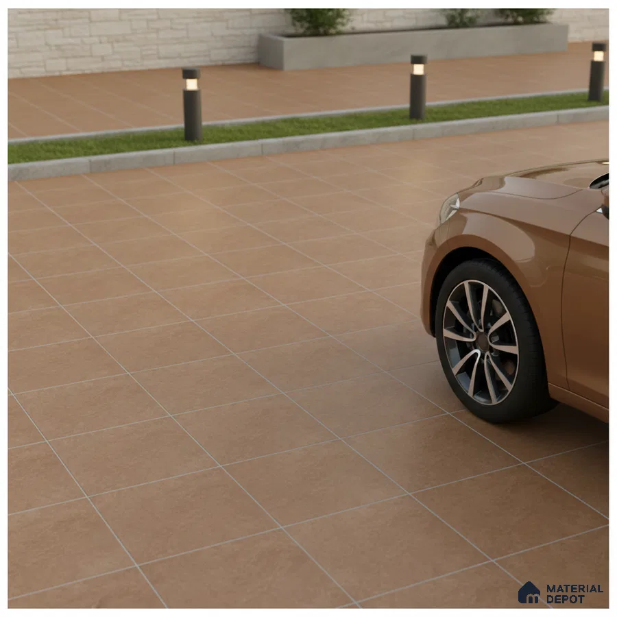 Modern parking area with terracotta matte floor tiles