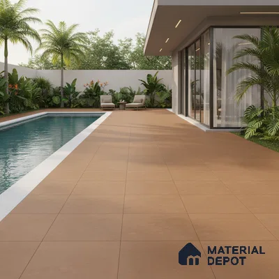 Modern outdoor poolside with terracotta matte floor tiles and tropical landscaping