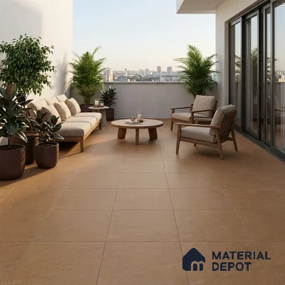 Scandinavian balcony with beige floor tiles and natural wood outdoor furniture