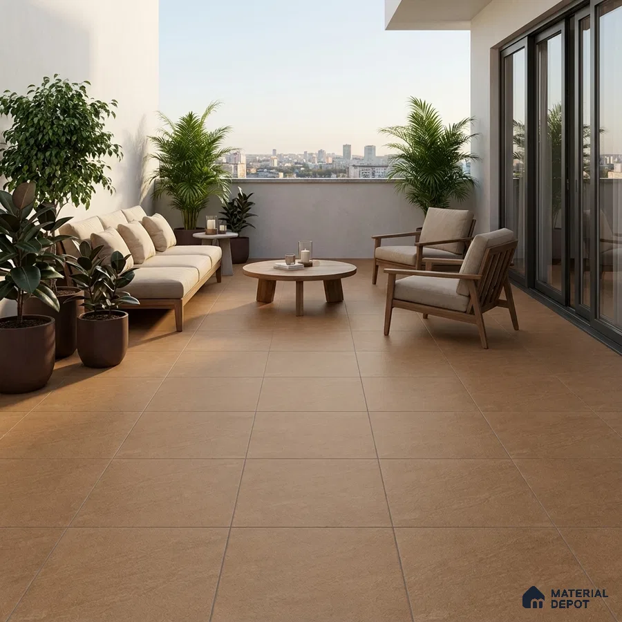 Scandinavian balcony with beige floor tiles and natural wood outdoor furniture