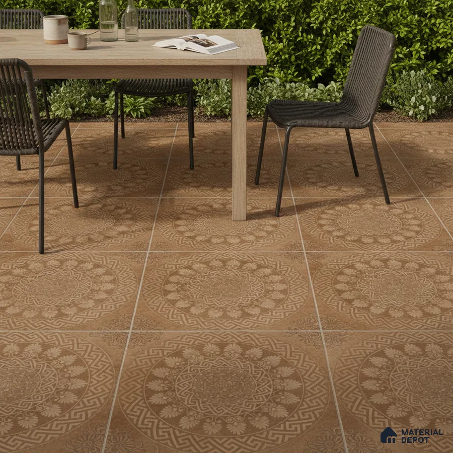 Mediterranean outdoor space with terracotta patterned floor tiles and natural wood dining table