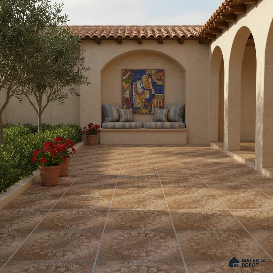 Mediterranean outdoor courtyard with terracotta patterned floor tiles and stucco arches