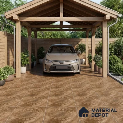Modern parking with patterned brown floor tiles and natural wood pergola