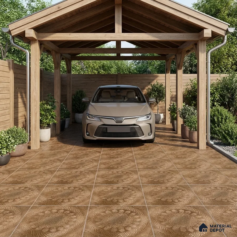 Modern parking with patterned brown floor tiles and natural wood pergola