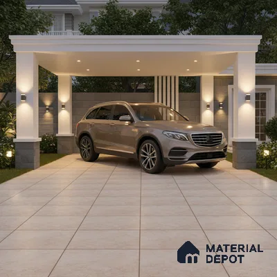 Modern parking with large beige floor tiles and grey stone cladding