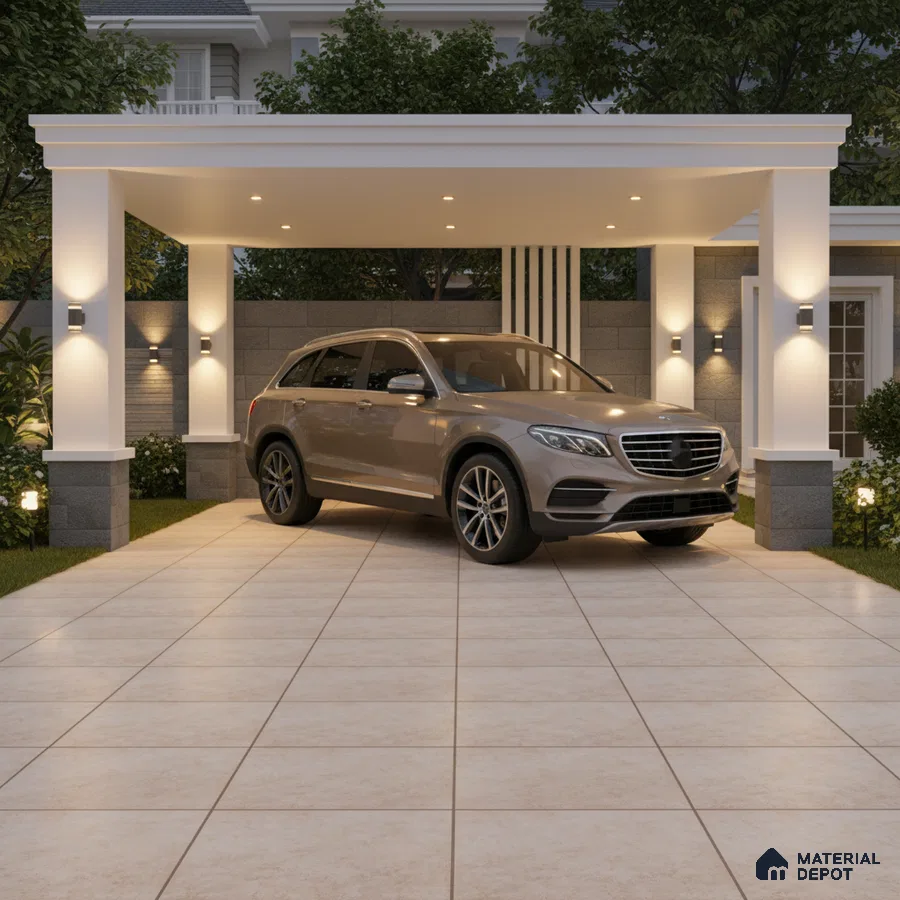 Modern parking with large beige floor tiles and grey stone cladding
