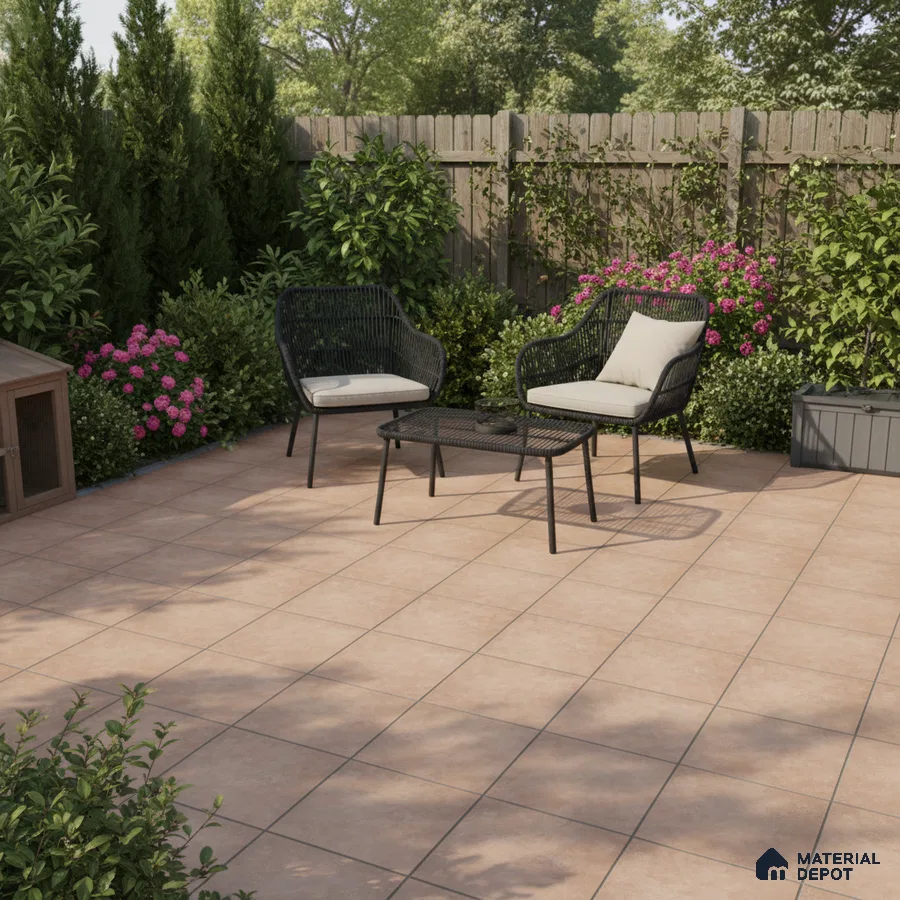 Modern outdoor patio with terracotta floor tiles and black metal furniture