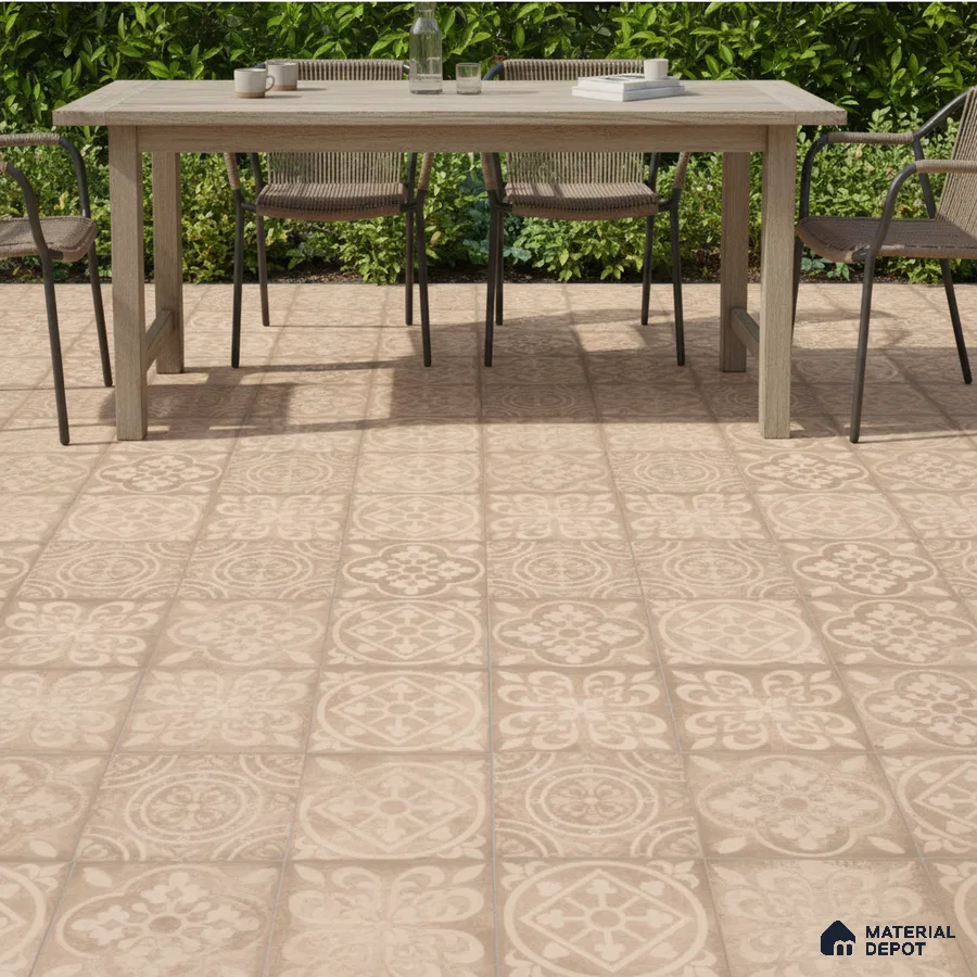 Mediterranean outdoor dining with beige patterned floor tiles and wooden table