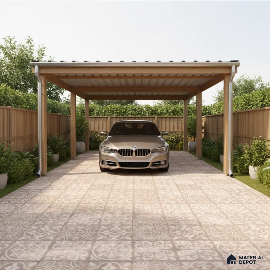 Modern parking with patterned beige floor tiles and wooden pergola structure