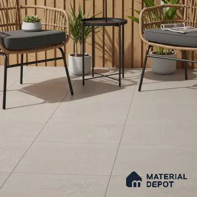 Scandinavian balcony with light grey matte floor tiles and natural wood vertical louvers