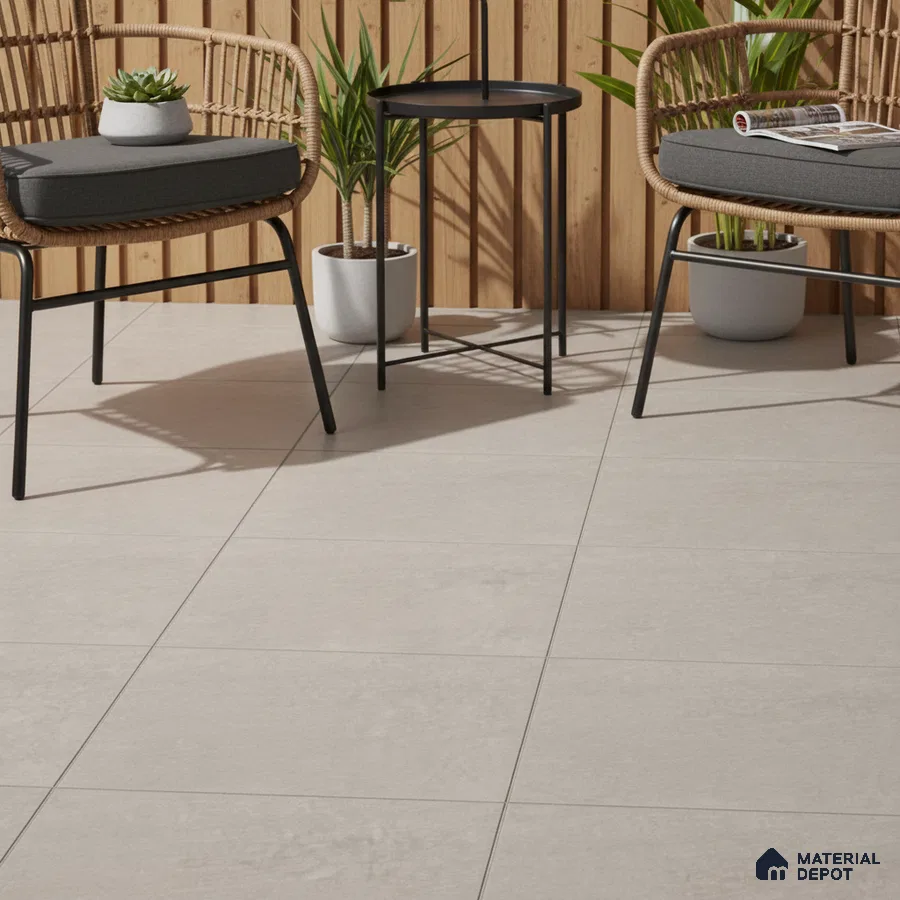 Scandinavian balcony with light grey matte floor tiles and natural wood vertical louvers