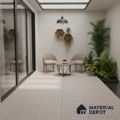 Minimalist balcony with beige floor tiles, light wood furniture, and indoor planters