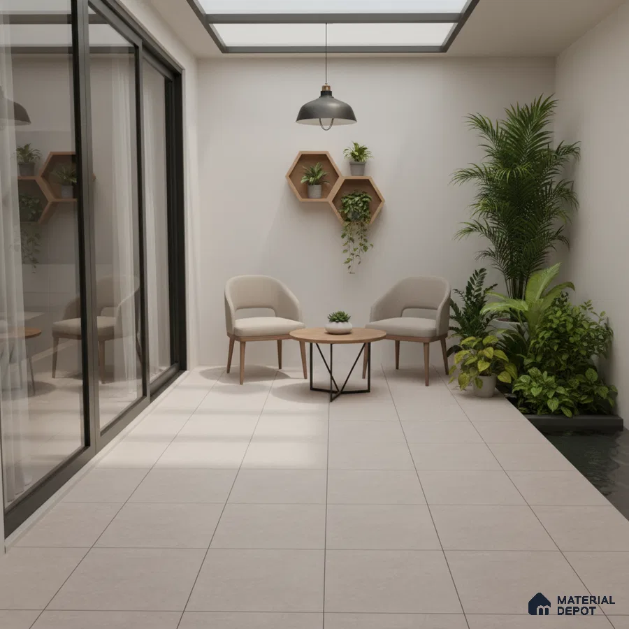 Minimalist balcony with beige floor tiles, light wood furniture, and indoor planters