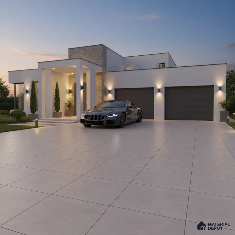 Modern parking with large format beige outdoor tiles and stone cladding accent wall