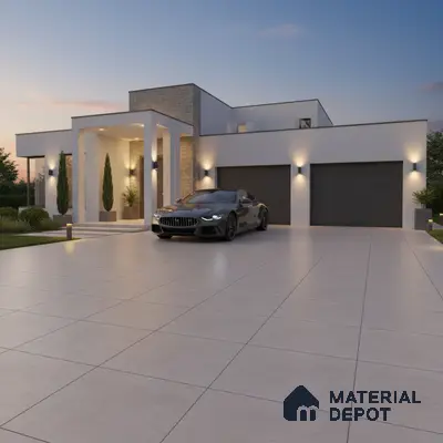 Modern parking with large format beige outdoor tiles and stone cladding accent wall
