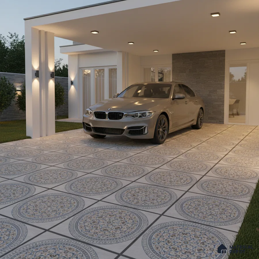 Modern parking with patterned geometric floor tiles and stone cladding accent wall