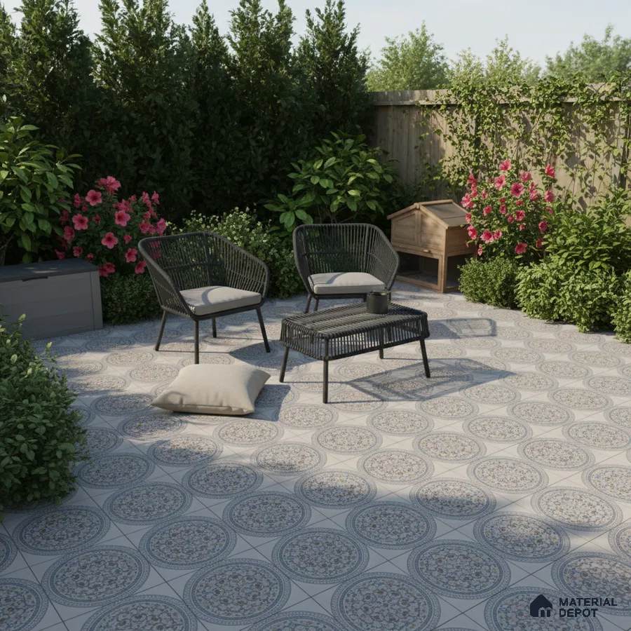 Modern outdoor seating with geometric patterned floor tiles and black wicker furniture