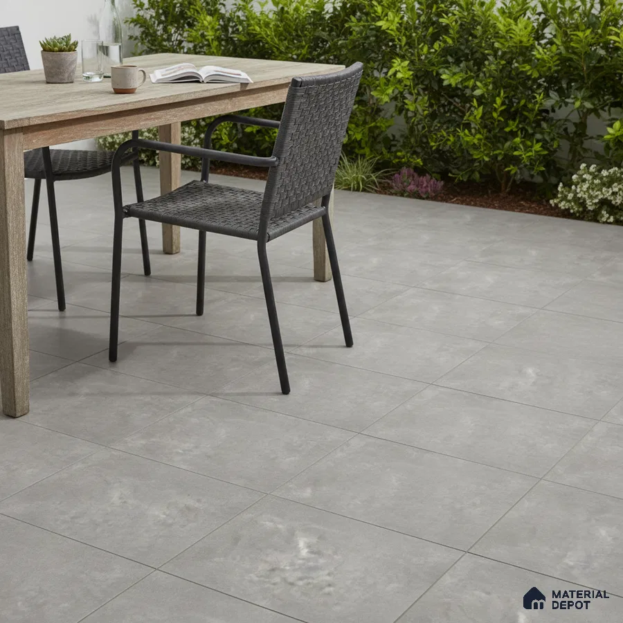 Minimalist outdoor space with light grey stone-look floor tiles and wooden dining table