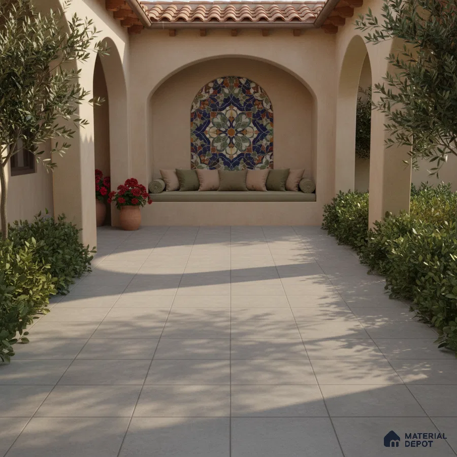 Mediterranean outdoor courtyard with terracotta roof, patterned mosaic tile accent, and beige floor tiles