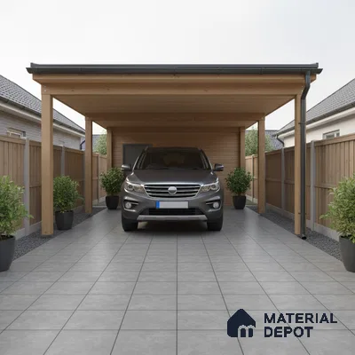 Modern parking with grey stone-look floor tiles and natural wood cladding
