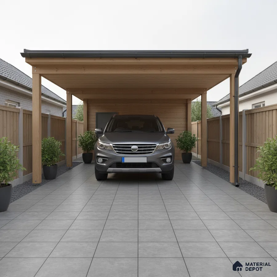 Modern parking with grey stone-look floor tiles and natural wood cladding