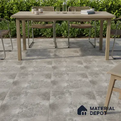 Modern outdoor dining with light oak table and grey patterned floor tiles