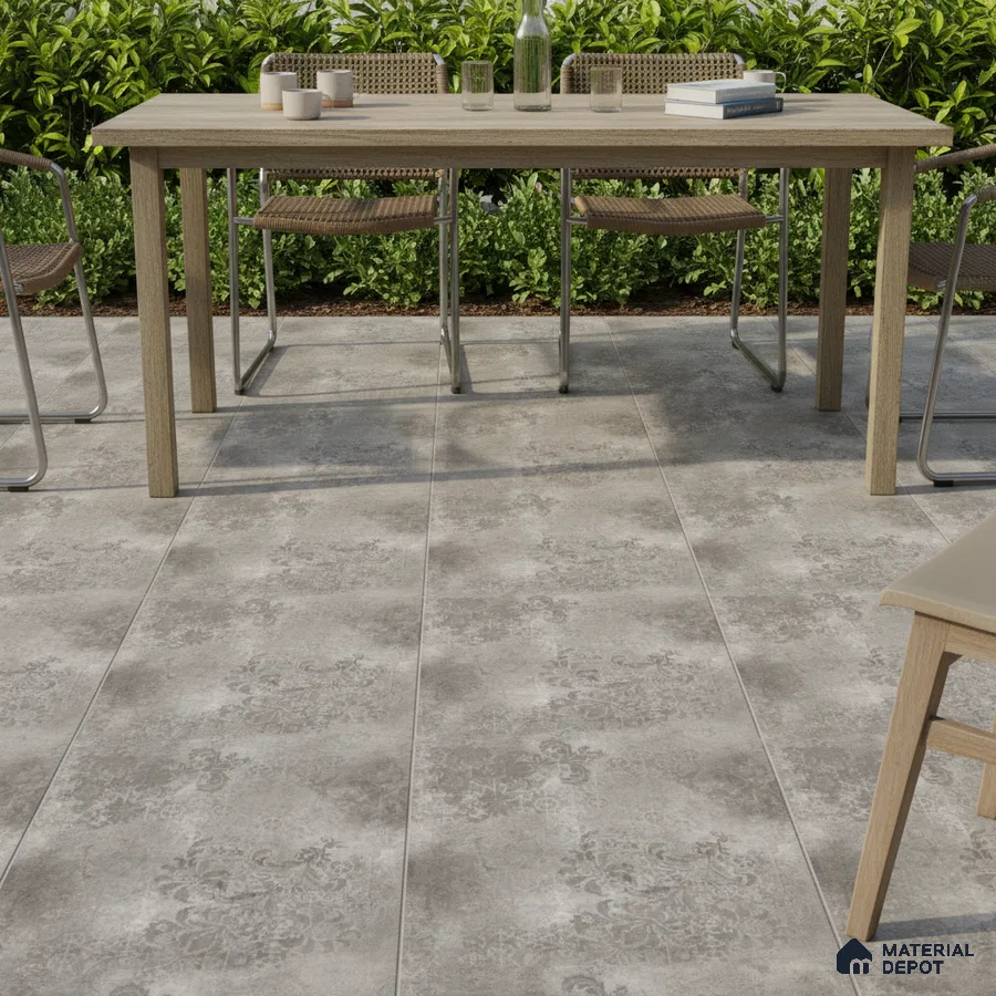 Modern outdoor dining with light oak table and grey patterned floor tiles