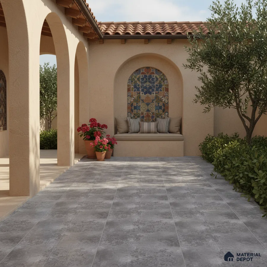 Mediterranean outdoor space with patterned grey floor tiles and colorful mosaic accent wall