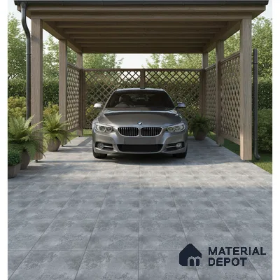 Modern parking with grey patterned floor tiles and wooden pergola structure